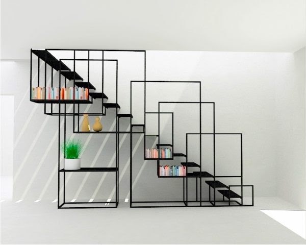 escadas de interiores modernas flutuantes com estantes de cubos